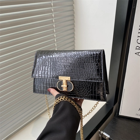 Borsa A Spalla Da Donna Motivo Coccodrillo Vintage In Pelle PU Piccola Borsa A Tracolla Catena Dorata Chiusura A T