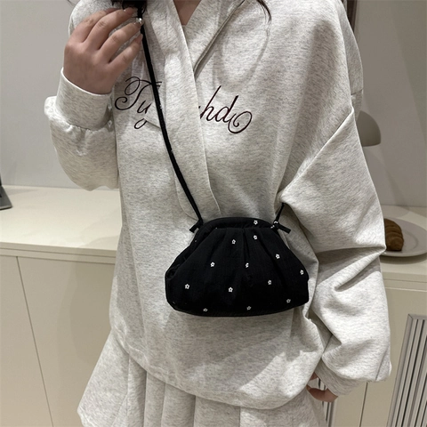 Petit Sac Bandoulière Floral Femme Tissu Plissé Sac Épaule Doux Style Coréen Léger Motif Nuage Pochette Main