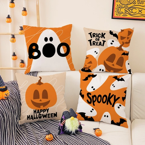 Halloween Throw Pillow Cover Short Plush Pumpkin Ghost Bat Design Decorative Cushion Case Sofa Festive Home Decoration