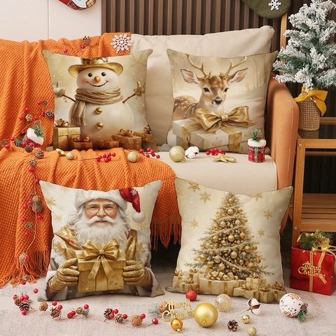 Christmas Cartoon Linen Pillowcase Snowman Reindeer Santa Claus Christmas Tree Print Decorative Sofa Throw Pillow Cover Home Decor