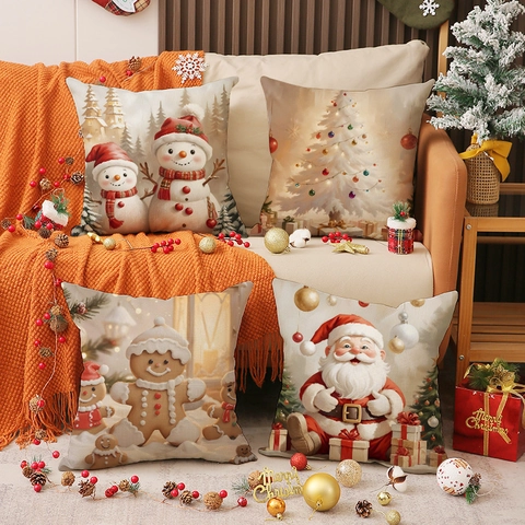 Fundas de Almohada de Navidad Mezcla de Lino Vacaciones de Invierno Muñeco de Nieve Papá Noel Funda de Cojín Decorativa Sofá
