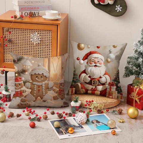 Fundas de Almohada de Navidad Mezcla de Lino Vacaciones de Invierno Muñeco de Nieve Papá Noel Funda de Cojín Decorativa Sofá
