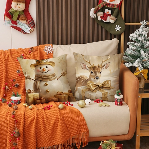 Christmas Cartoon Linen Pillowcase Snowman Reindeer Santa Claus Christmas Tree Print Decorative Sofa Throw Pillow Cover Home Decor
