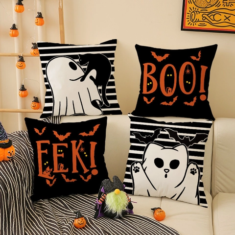 Funda De Almohada De Halloween Poliéster De Felpa Corta Fantasma Gato Negro Murciélago Rayas Impresión Decoración Sofá Casa