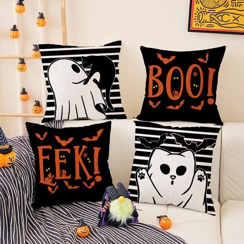 Halloween Kussensloop Kort Pluche Polyester Geest Zwarte Kat Vleermuis Strepen Print Home Sofa Decor Kussenhoes