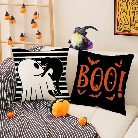 Halloween Kussensloop Kort Pluche Polyester Geest Zwarte Kat Vleermuis Strepen Print Home Sofa Decor Kussenhoes
