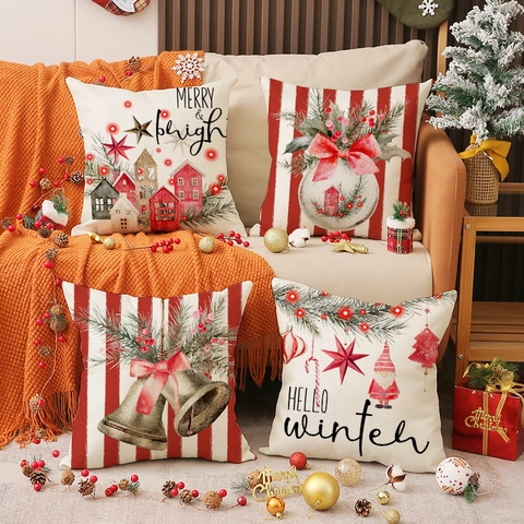 Christmas Decorative Cushion Cover Linen Blend Red Stripe Print Pillowcase For Sofa Couch Festive Holiday Atmosphere