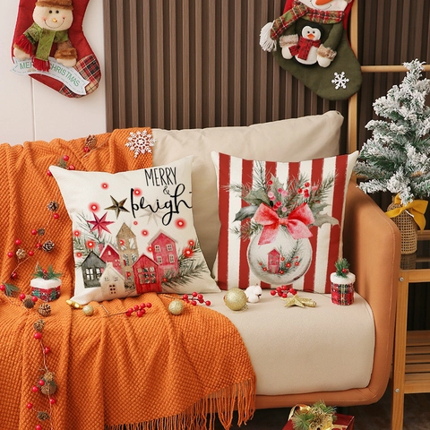 Christmas Decorative Cushion Cover Linen Blend Red Stripe Print Pillowcase For Sofa Couch Festive Holiday Atmosphere
