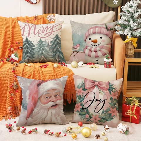 Fundas De Cojín De Navidad Mezcla De Lino Papá Noel Muñeco De Nieve Estampado Decorativas Para Sofá Fiesta De Vacaciones