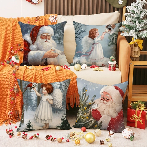 Vintage Christmas Linen Cushion Cover Santa Claus Angel Pattern Oil Painting Style Throw Pillow Case For Sofa Home Living Room Decor