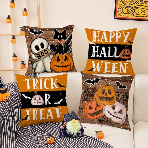 Funda de Almohada Decorativa de Halloween Estampado de Calabaza Fantasma Gato Negro Peluche Corto Para Sofá Sala de Estar Casa