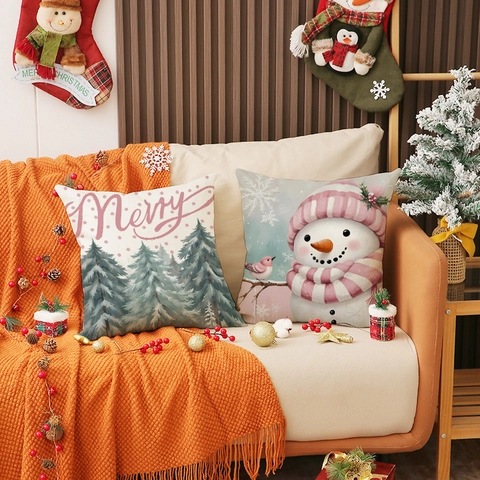Fundas De Cojín De Navidad Mezcla De Lino Papá Noel Muñeco De Nieve Estampado Decorativas Para Sofá Fiesta De Vacaciones