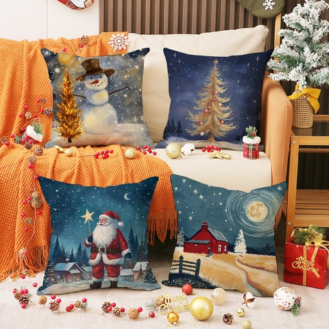 Kerst Kussensloop Linnenmix Vierkant Kerstman Sneeuwpop Patroon Voor Huis Bank Decoratie Feestelijk Vakantie Ornament