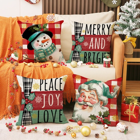 Weihnachts Kissenbezug Polyester Leinen Mischung Unsichtbarer Reißverschluss Schneemann Weihnachtsmann Quadratisch Deko Kissenhülle