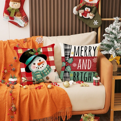 Weihnachts Kissenbezug Polyester Leinen Mischung Unsichtbarer Reißverschluss Schneemann Weihnachtsmann Quadratisch Deko Kissenhülle