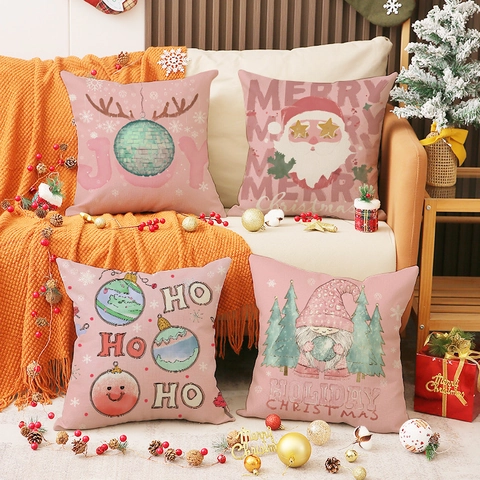 Linen Blend Christmas Pink Throw Pillow Covers Santa Claus Gnome Print Decorative Square Cushion Case For Home Sofa Decor