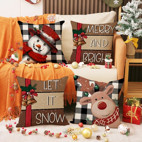 Housse De Coussin De Noël Mélange De Lin Carreaux Buffalo Imprimé Bonhomme De Neige Renne Décoration De Canapé