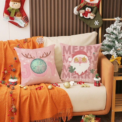 Linen Blend Christmas Pink Throw Pillow Covers Santa Claus Gnome Print Decorative Square Cushion Case For Home Sofa Decor