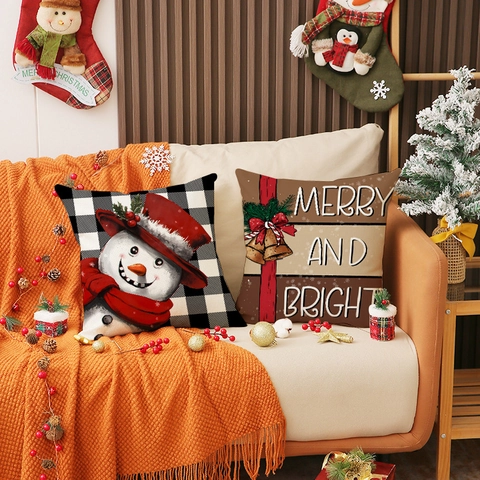 Housse De Coussin De Noël Mélange De Lin Carreaux Buffalo Imprimé Bonhomme De Neige Renne Décoration De Canapé