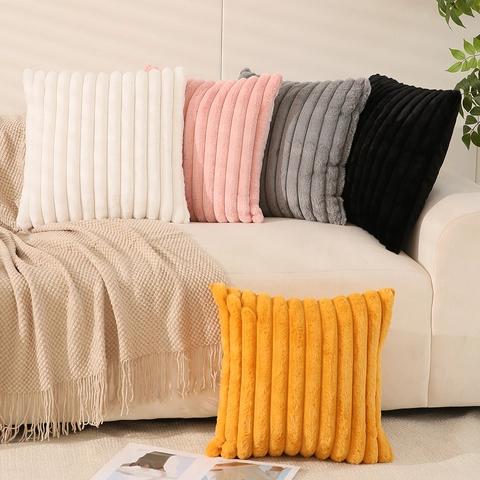 Faux Rabbit Fur Striped Throw Pillow Case Plush Decorative Cushion Cover For Sofa Living Room Solid Color Soft Cozy Home Decor