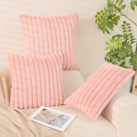 Faux Rabbit Fur Striped Throw Pillow Case Plush Decorative Cushion Cover For Sofa Living Room Solid Color Soft Cozy Home Decor