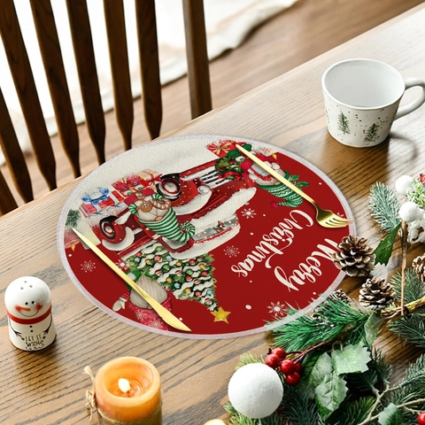Manteles Individuales Redondos Navidad Lino Resistente Al Calor Lavable Decoración Mesa Comedor Muñeco De Nieve