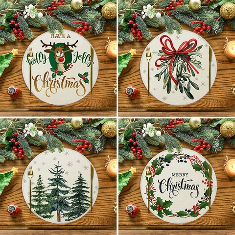 Manteles Individuales Redondos de Navidad Tela de Lino Resistente al Calor Lavable Mantel de Mesa Para Decoración Reno Copo
