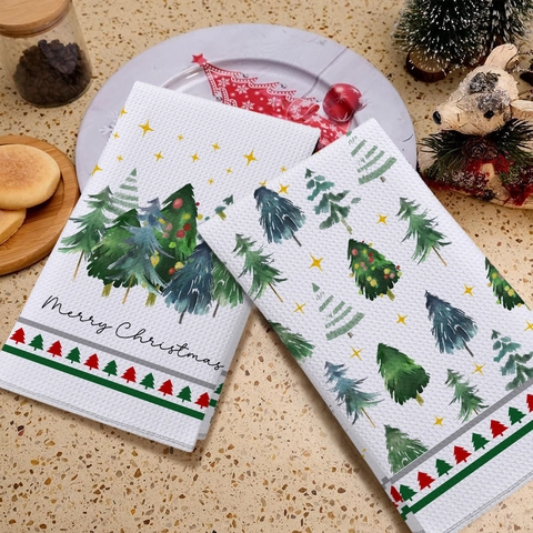 Torchons de Cuisine de Noël en Nid d'Abeille Microfibre Douce Chiffons à Vaisselle Imprimés Festifs Serviettes à Mains Décoration Maison