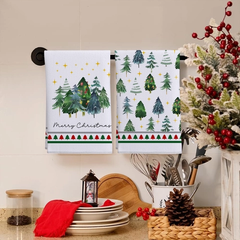 Torchons de Cuisine de Noël en Nid d'Abeille Microfibre Douce Chiffons à Vaisselle Imprimés Festifs Serviettes à Mains Décoration Maison
