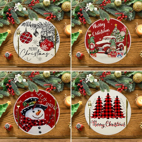 Manteles Individuales Redondos Navidad Lino Resistente Al Calor Lavable Decoración Mesa Comedor Muñeco De Nieve