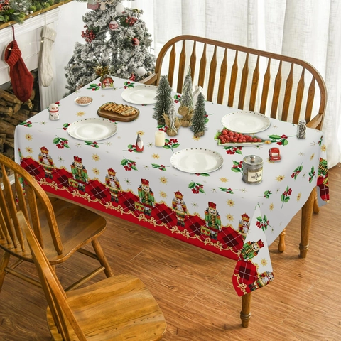 Christmas Nutcracker Tree Print Rectangular Tablecloth Festive Plaid Buffalo Check Table Cover For Dining Room Kitchen Decor