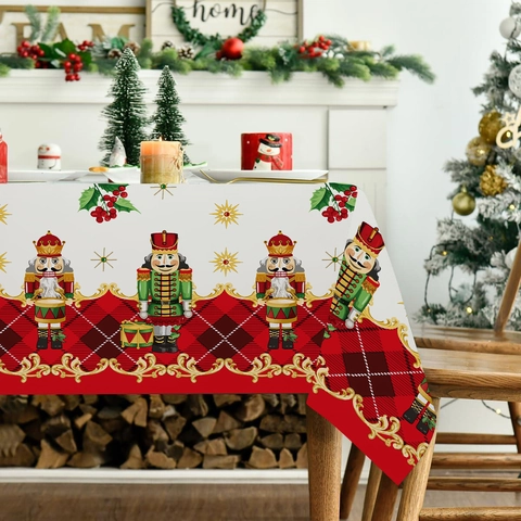Christmas Nutcracker Tree Print Rectangular Tablecloth Festive Plaid Buffalo Check Table Cover For Dining Room Kitchen Decor