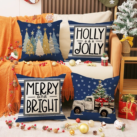 Navy Blue Christmas Linen Cushion Cover Merry Bright Holly Jolly Print Retro Truck Decorative Pillow Case Home Decor