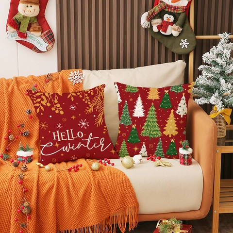 Federa Natalizia Rossa in Lino Set Decorativo Albero di Natale Fiocco di Neve Copricuscino per Divano Casa Soggiorno Decorazione