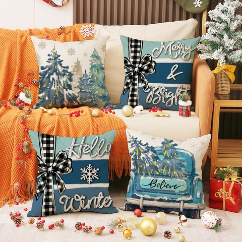 Fundas de Cojín de Navidad de Lino Decorativo Funda de Almohada Azul Blanco Invierno Copo de Nieve Árbol Camión Impresión Hogar Sofá