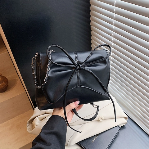 Sac Bandoulière Femme Simili Cuir Grand Nœud Style Ballet Décoration Chaîne Métallique Élégant Rabat Sac À Épaule