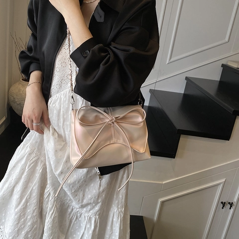 Sac Bandoulière Femme Simili Cuir Grand Nœud Style Ballet Décoration Chaîne Métallique Élégant Rabat Sac À Épaule