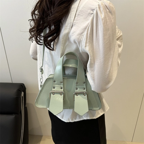 Women Korean Fashion Simple Shoulder Bag Synthetic Leather Crossbody Handbag With Double Buckle Decor Underarm Bag Daily Use