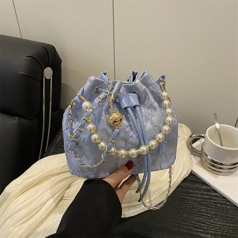 Sac Seau Élégant En Dentelle Florale Avec Poignée En Künstliche Perle Et Bandoulière Chaîne Métallique Sac À Main Pour Femme
