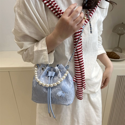 Sac Seau Élégant En Dentelle Florale Avec Poignée En Künstliche Perle Et Bandoulière Chaîne Métallique Sac À Main Pour Femme