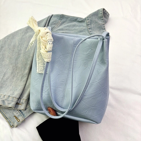 Damen Schultertasche Geknittertes PU-Leder Große Kapazität Tote Mit Spitzen Schleife Zubehör Koreanischen Stil