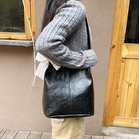 Women Large Capacity PU Leather Bucket Bag Lace Bow Knot Crinkled Texture Shoulder Underarm Bag Casual Commute Tote Handbag