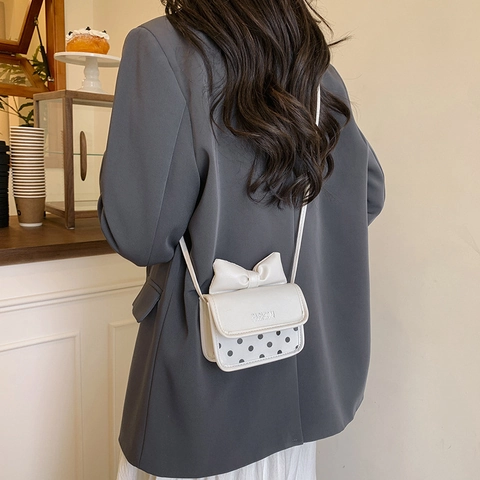 Women's Mini PU Leather Crossbody Bag Cute Bow Polka Dot Shoulder Bag Fashion Square Bag For Daily Use Party
