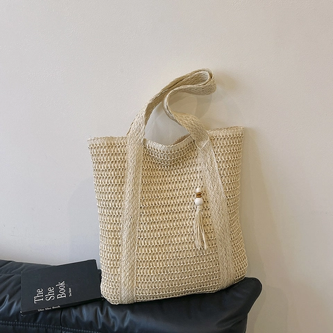 Große Kapazität Gewebte Stroh Einkaufstasche Sommer Strand Urlaub Umhängetasche Mit Quastenanhänger Für Damen Lässig Handtasche