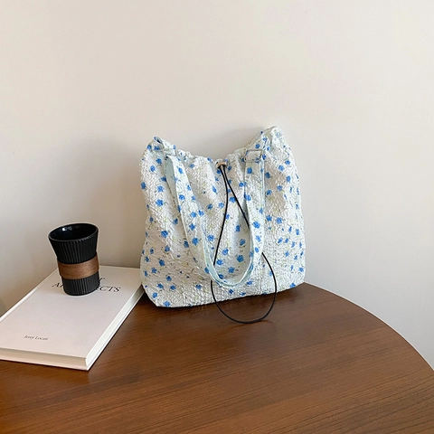 Bolso Tote de Nylon con Estampado Floral de Gran Capacidad para Mujer Bolso Bandolera Plisado con Cordón Bolso de Hombro Casual