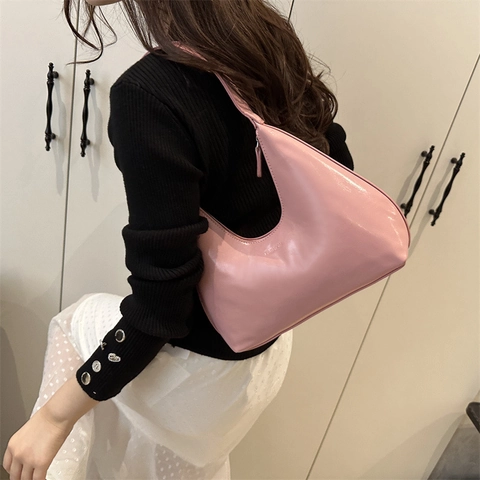 Women Hobo Bag Shiny PU Leather Crescent Shoulder Handbag Minimalist Commute Fashion Tote