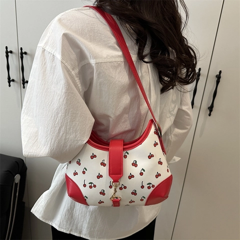 Sac À Épaule Femme Style Hobo Imprimé Cerise Cuir PU Rétro Chic Sac À Main Sous Les Bras Boucle Dorée Quotidien