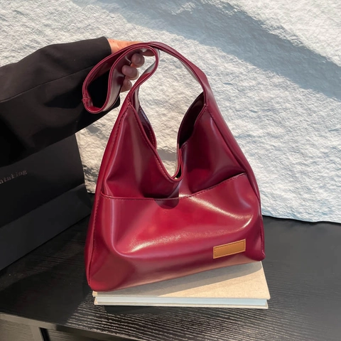 Vintage PU Leather Tote Shoulder Bag Large Capacity Solid Color Hobo Handbag For Women Daily School Office Retro Minimalist