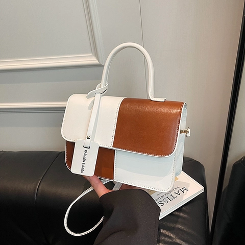 Bolso de Mano para Mujer de Cuero PU Costura en Bloque de Color Bolso de Bandolera Con Etiqueta Decorativa Herrajes Dorados Bolso Cuadrado