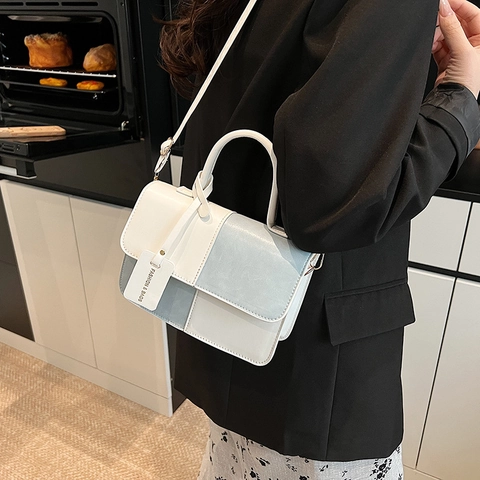 Bolso de Mano para Mujer de Cuero PU Costura en Bloque de Color Bolso de Bandolera Con Etiqueta Decorativa Herrajes Dorados Bolso Cuadrado